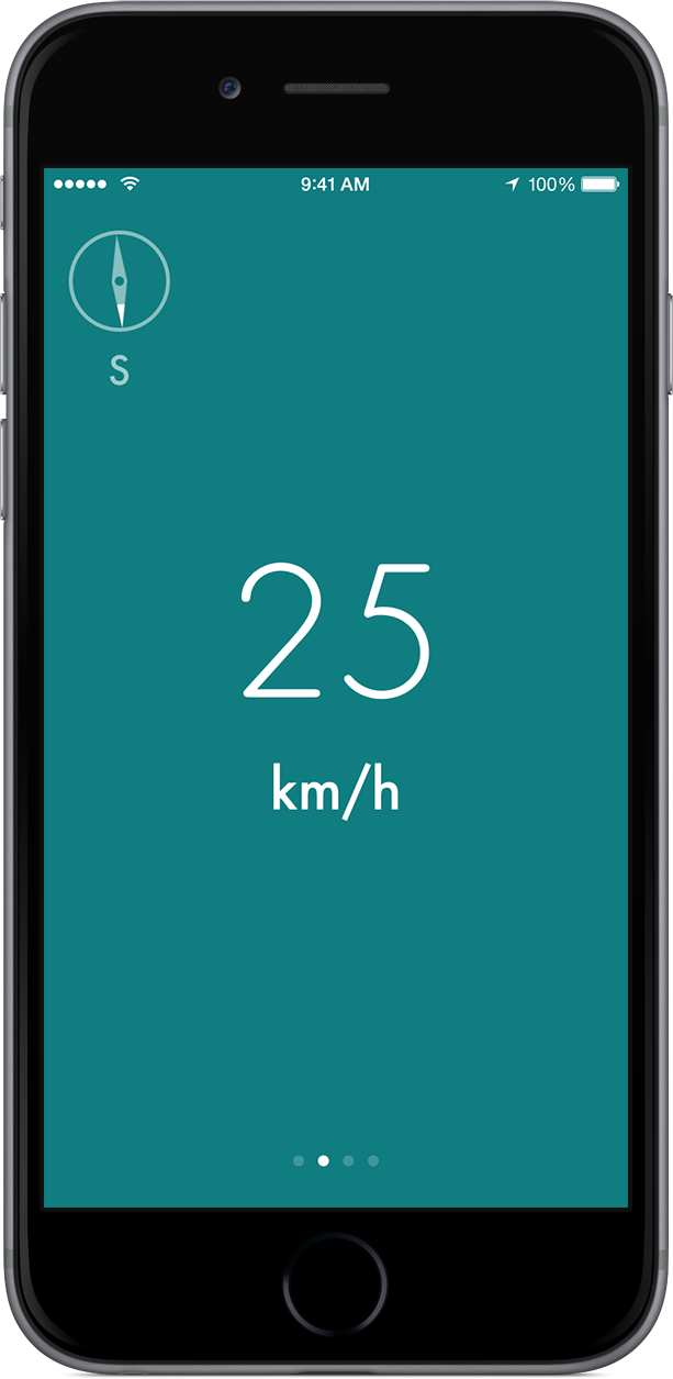 Speedie on an iPhone 6 showing a speed of 25 kilometers per hour while heading south.